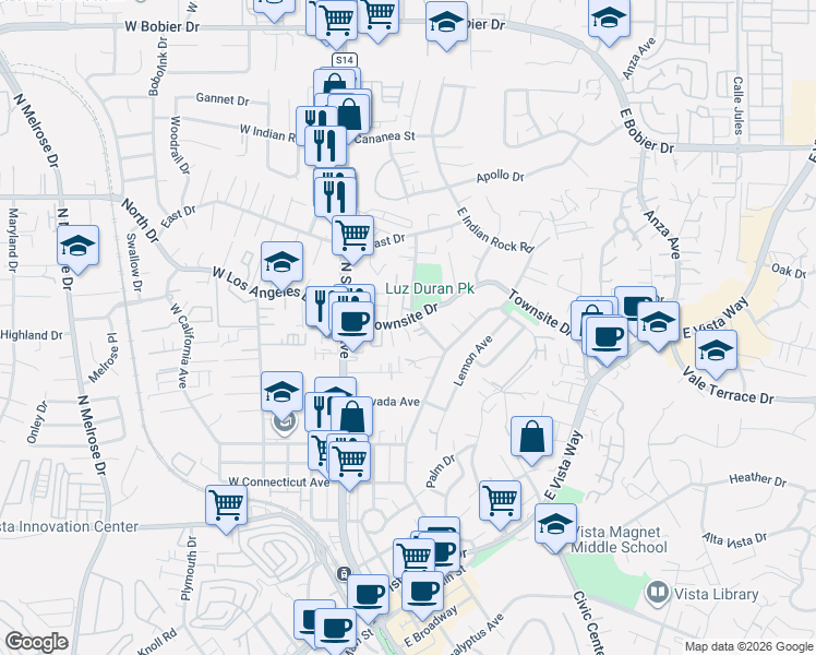 map of restaurants, bars, coffee shops, grocery stores, and more near 210 Townsite Drive in Vista