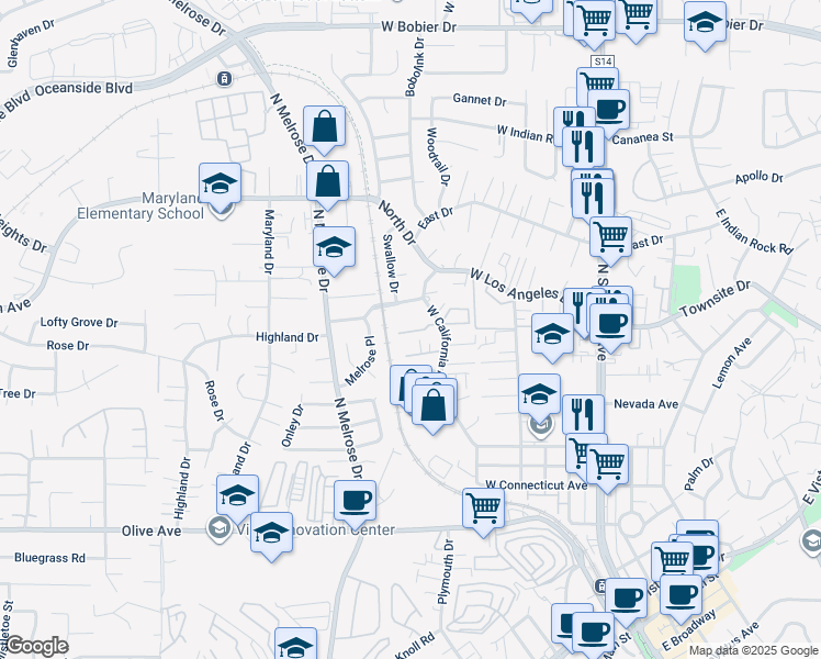 map of restaurants, bars, coffee shops, grocery stores, and more near 722 West California Avenue in Vista