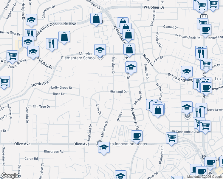 map of restaurants, bars, coffee shops, grocery stores, and more near 1044 Maryland Drive in Vista