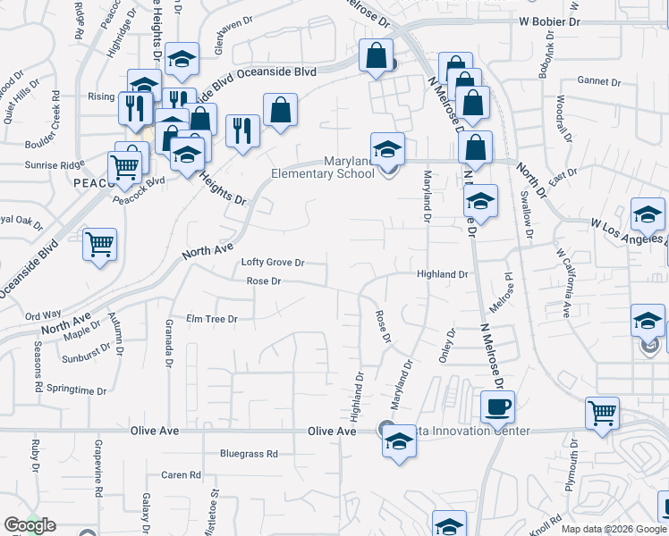 map of restaurants, bars, coffee shops, grocery stores, and more near 2644 Sycamore Drive in Oceanside