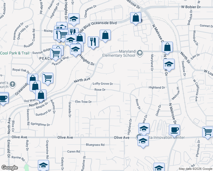 map of restaurants, bars, coffee shops, grocery stores, and more near 4699 Lofty Grove Drive in Oceanside