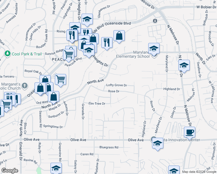 map of restaurants, bars, coffee shops, grocery stores, and more near 4675 Lofty Grove Drive in Oceanside