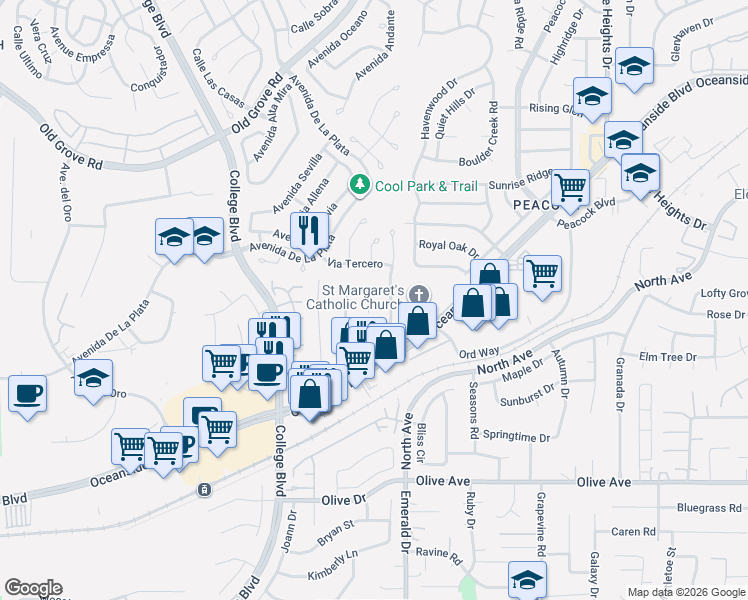 map of restaurants, bars, coffee shops, grocery stores, and more near 1901 Blackhawk Avenue in Oceanside