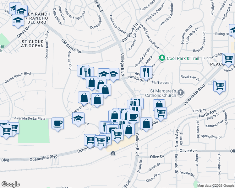 map of restaurants, bars, coffee shops, grocery stores, and more near 1859 Purdue Court in Oceanside