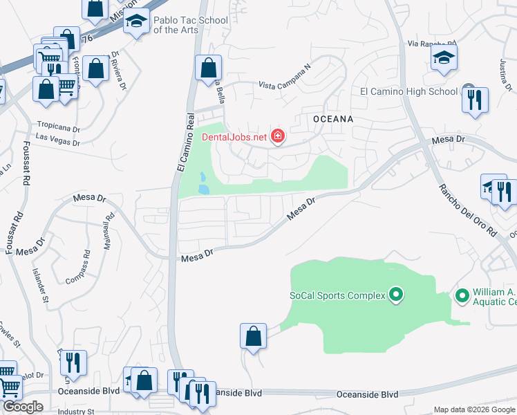 map of restaurants, bars, coffee shops, grocery stores, and more near 3661 Dearborn Street in Oceanside