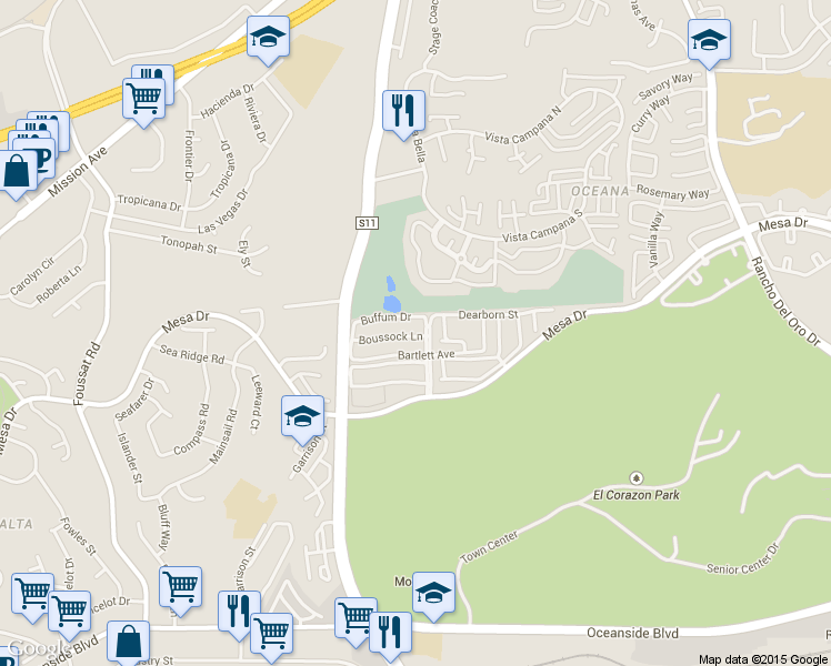 map of restaurants, bars, coffee shops, grocery stores, and more near 729 Seckel Pear Street in Oceanside