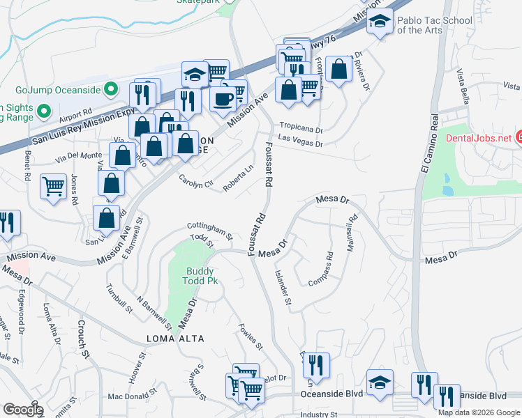 map of restaurants, bars, coffee shops, grocery stores, and more near 110 Noreen Place in Oceanside