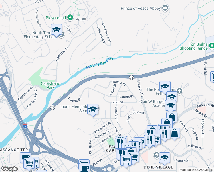 map of restaurants, bars, coffee shops, grocery stores, and more near 1606 Walton Street in Oceanside