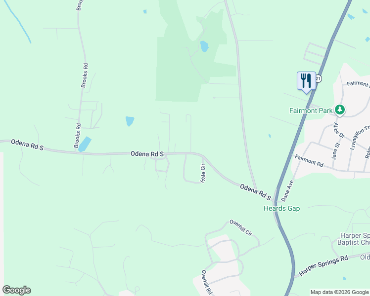 map of restaurants, bars, coffee shops, grocery stores, and more near 560 Odens Mill Road in Sylacauga