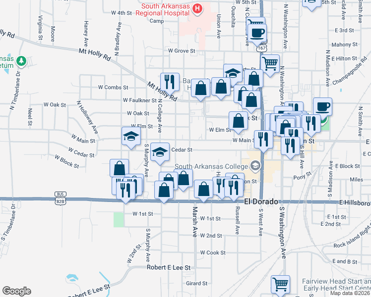 map of restaurants, bars, coffee shops, grocery stores, and more near 618 West Cedar Street in El Dorado