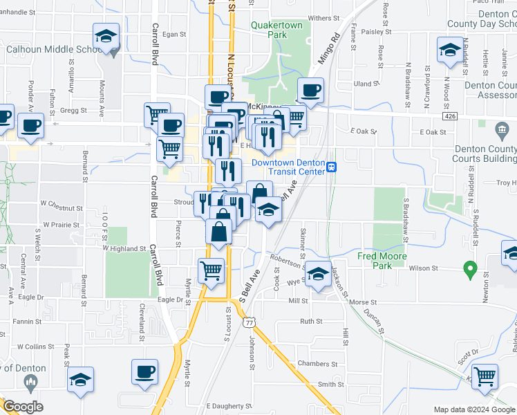 map of restaurants, bars, coffee shops, grocery stores, and more near 404 Industrial Street in Denton
