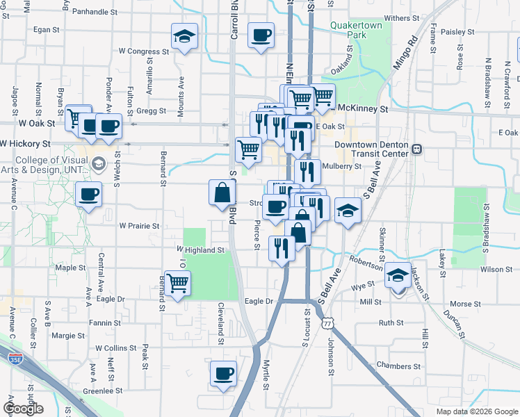 map of restaurants, bars, coffee shops, grocery stores, and more near 317 Stroud Street in Denton