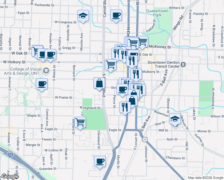 map of restaurants, bars, coffee shops, grocery stores, and more near 317 Stroud Street in Denton