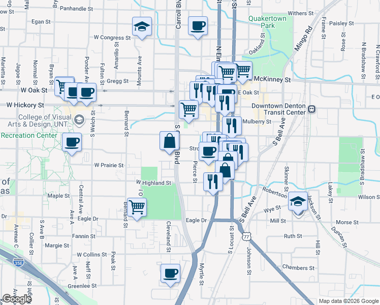map of restaurants, bars, coffee shops, grocery stores, and more near 317 Stroud Street in Denton