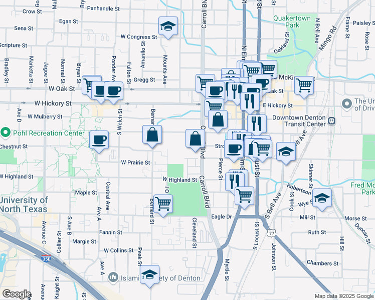 map of restaurants, bars, coffee shops, grocery stores, and more near 416 South Carroll Boulevard in Denton