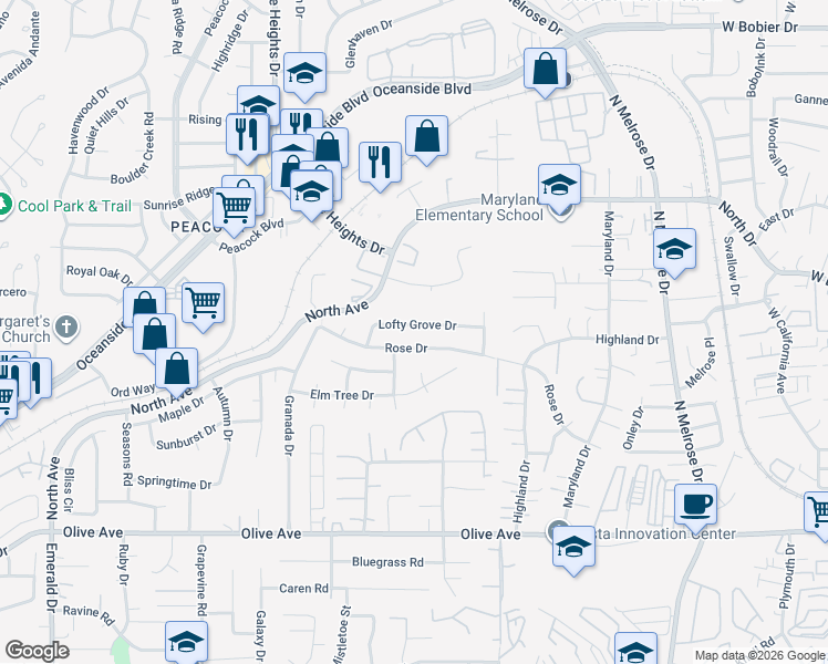 map of restaurants, bars, coffee shops, grocery stores, and more near 4699 Lofty Grove Drive in Oceanside