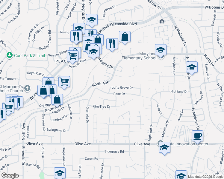 map of restaurants, bars, coffee shops, grocery stores, and more near 4675 Lofty Grove Drive in Oceanside