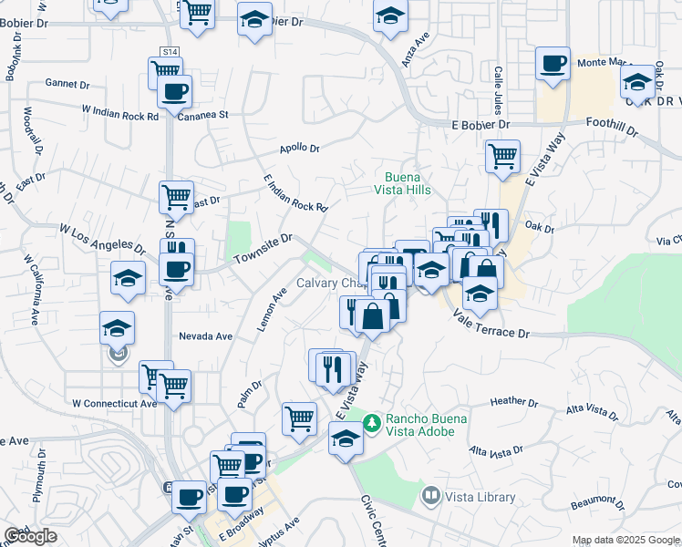 map of restaurants, bars, coffee shops, grocery stores, and more near 615 Townsite Drive in Vista