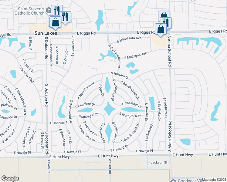 map of restaurants, bars, coffee shops, grocery stores, and more near 25826 South Cedarcrest Drive in Sun Lakes
