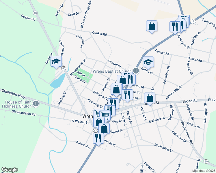 map of restaurants, bars, coffee shops, grocery stores, and more near 402 Phillips Street in Wrens