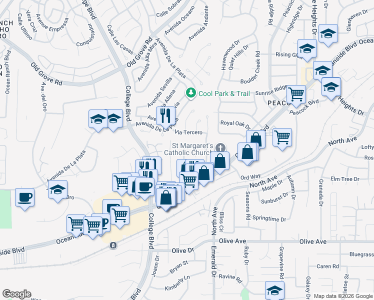 map of restaurants, bars, coffee shops, grocery stores, and more near 1902 Arroyo Avenue in Oceanside