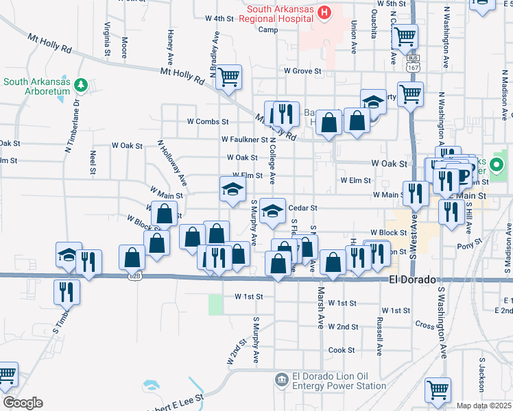 map of restaurants, bars, coffee shops, grocery stores, and more near 1004 West Cedar Street in El Dorado