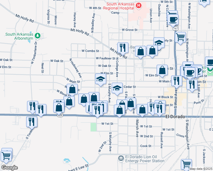 map of restaurants, bars, coffee shops, grocery stores, and more near 1004 West Cedar Street in El Dorado