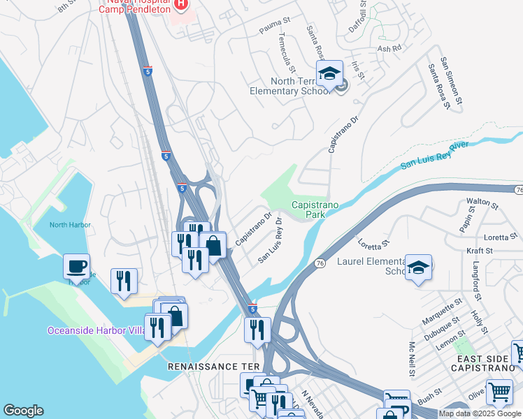 map of restaurants, bars, coffee shops, grocery stores, and more near 621 Sunset Dr in Oceanside