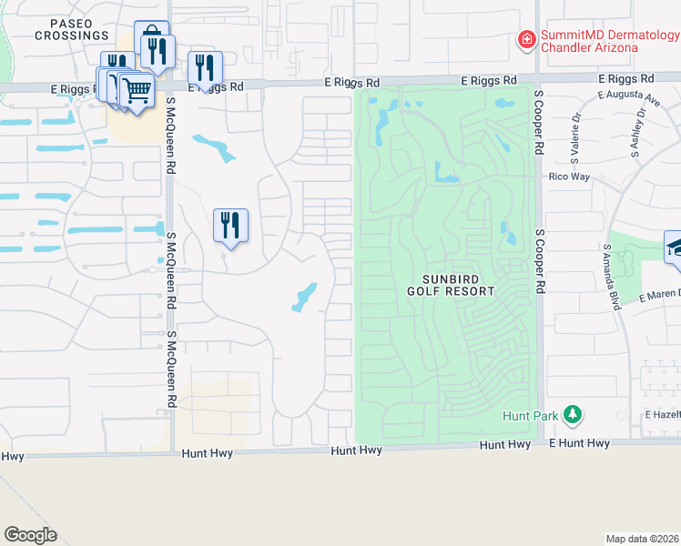 map of restaurants, bars, coffee shops, grocery stores, and more near 1451 East Doral Drive in Chandler