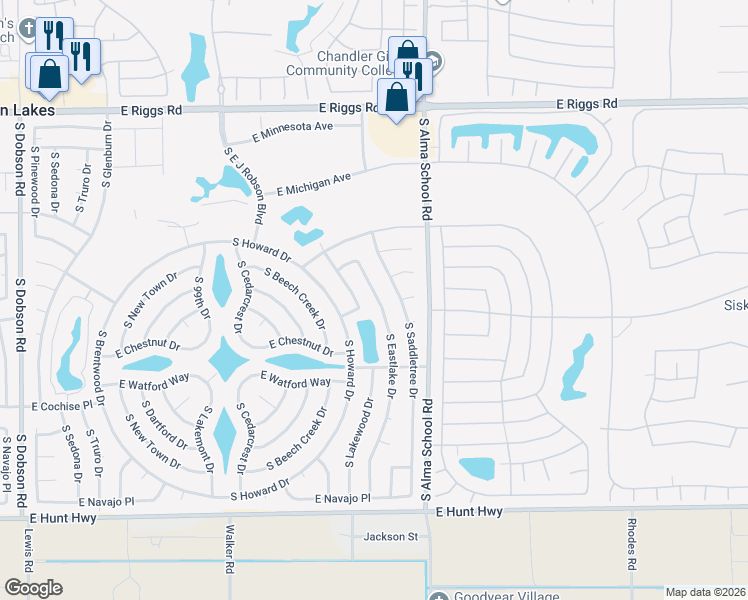 map of restaurants, bars, coffee shops, grocery stores, and more near 25846 South Eastlake Drive in Sun Lakes