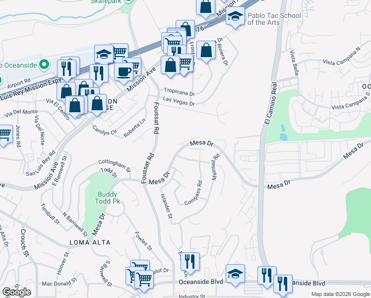 map of restaurants, bars, coffee shops, grocery stores, and more near 3531 Starboard Circle in Oceanside