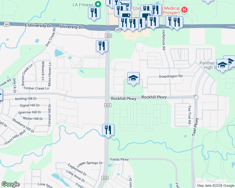 map of restaurants, bars, coffee shops, grocery stores, and more near 1333 Reese River Road in Lakewood Village
