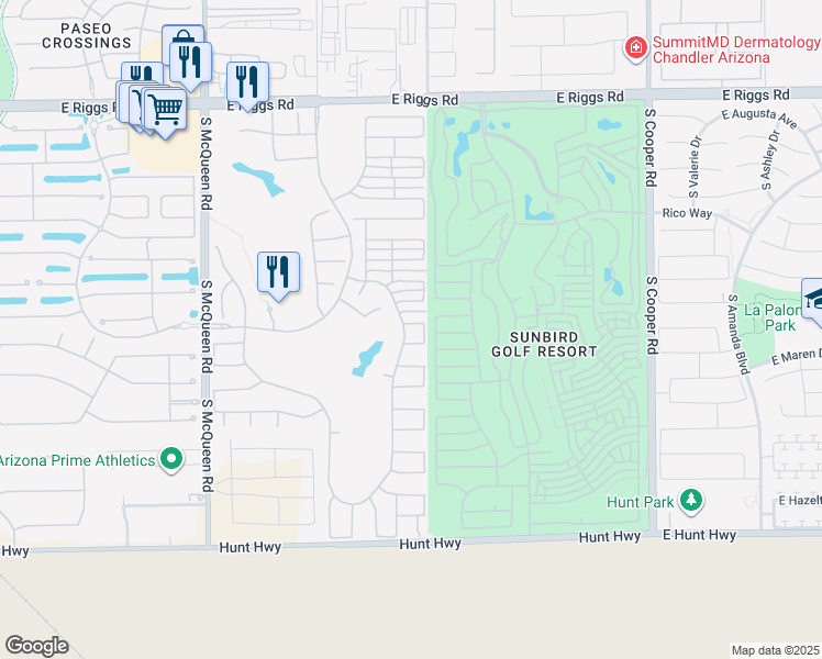 map of restaurants, bars, coffee shops, grocery stores, and more near 1451 East Doral Drive in Chandler