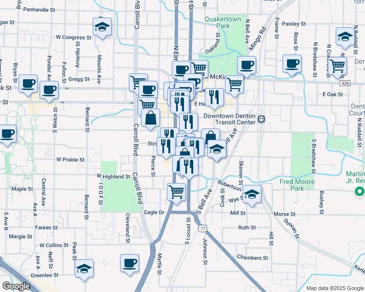 map of restaurants, bars, coffee shops, grocery stores, and more near 401 South Locust Street in Denton