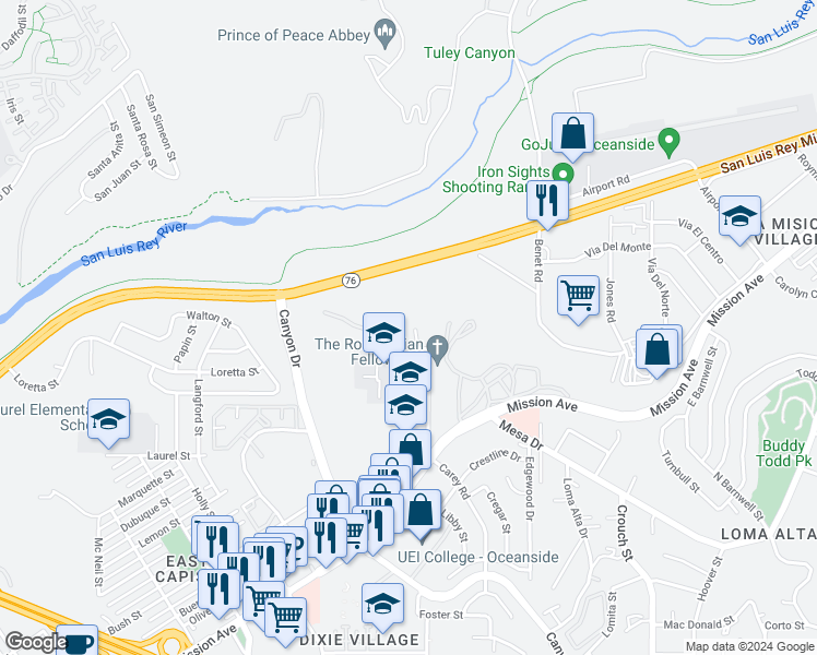 map of restaurants, bars, coffee shops, grocery stores, and more near 919 Hillcrest Place in Oceanside
