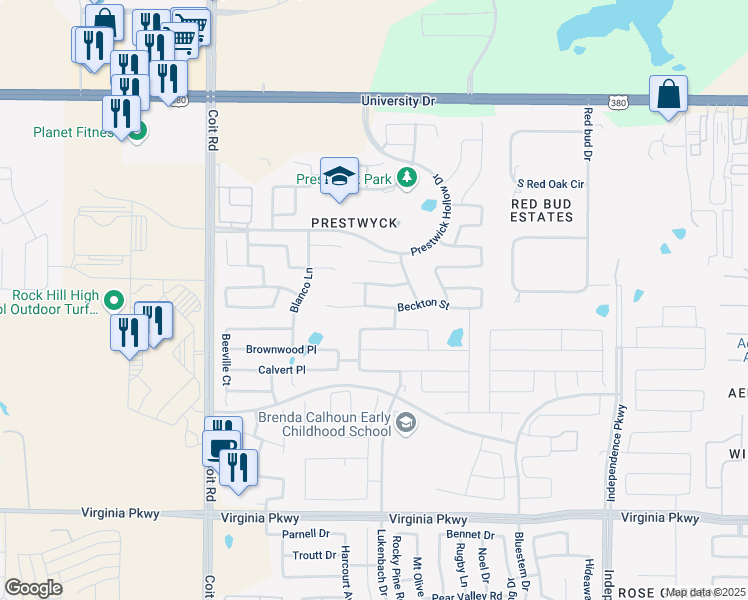 map of restaurants, bars, coffee shops, grocery stores, and more near 11816 Beckton Street in McKinney