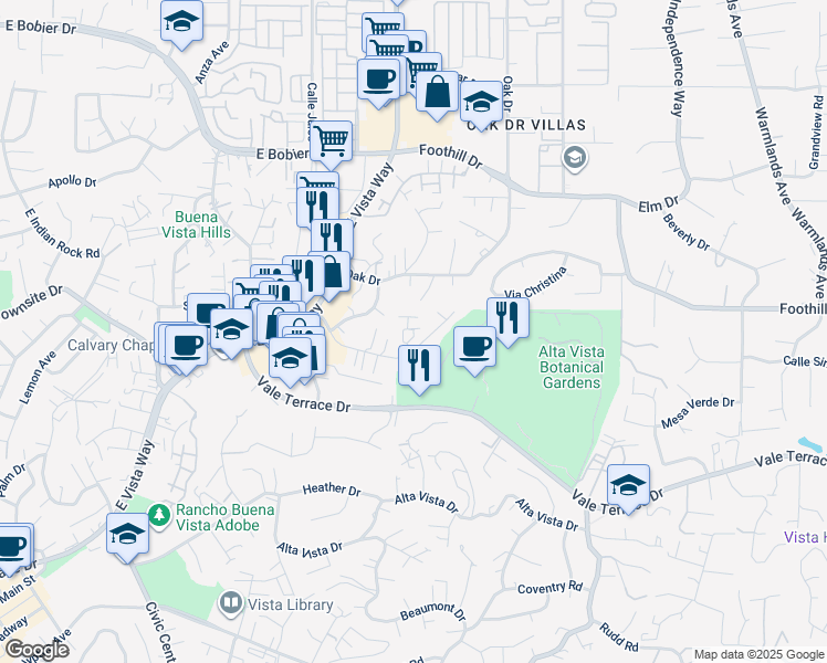 map of restaurants, bars, coffee shops, grocery stores, and more near 1152 Meadow Lake Drive in Vista