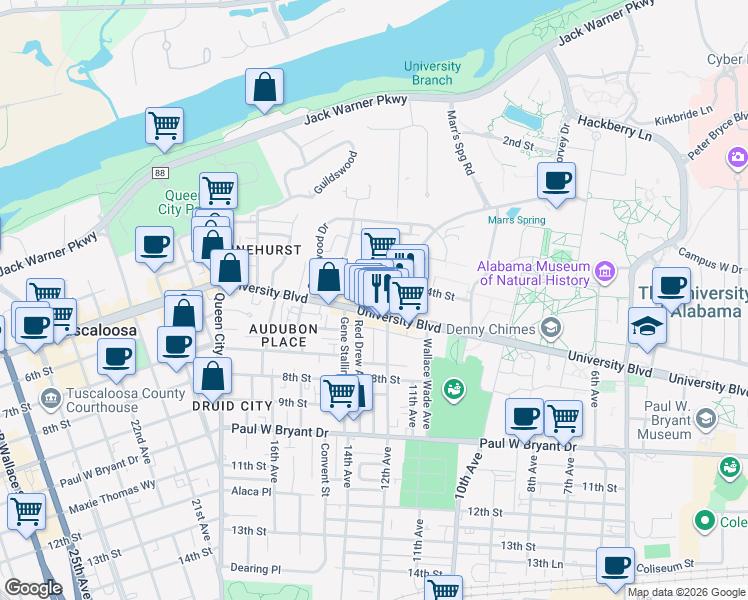 map of restaurants, bars, coffee shops, grocery stores, and more near 2 Frank Thomas Avenue in Tuscaloosa