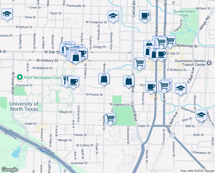 map of restaurants, bars, coffee shops, grocery stores, and more near 326 Bernard Street in Denton