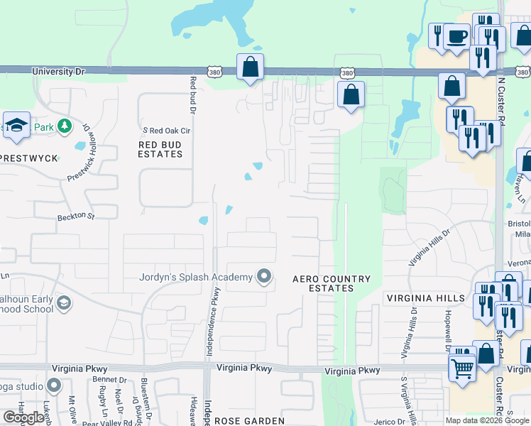 map of restaurants, bars, coffee shops, grocery stores, and more near 9808 Diamondback in McKinney