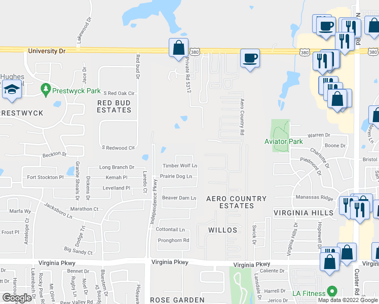 map of restaurants, bars, coffee shops, grocery stores, and more near 9808 Diamondback in McKinney