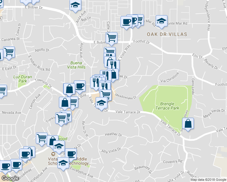 map of restaurants, bars, coffee shops, grocery stores, and more near Glenmere Road & Meadow Lake Drive in Vista