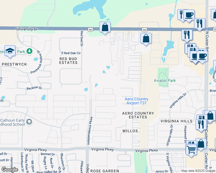 map of restaurants, bars, coffee shops, grocery stores, and more near 9808 Diamondback in McKinney