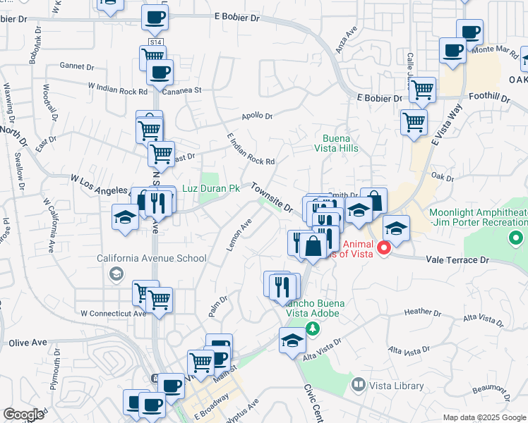 map of restaurants, bars, coffee shops, grocery stores, and more near 921 Lemon Avenue in Vista