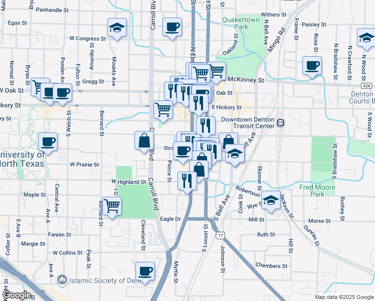 map of restaurants, bars, coffee shops, grocery stores, and more near 400 South Elm Street in Denton
