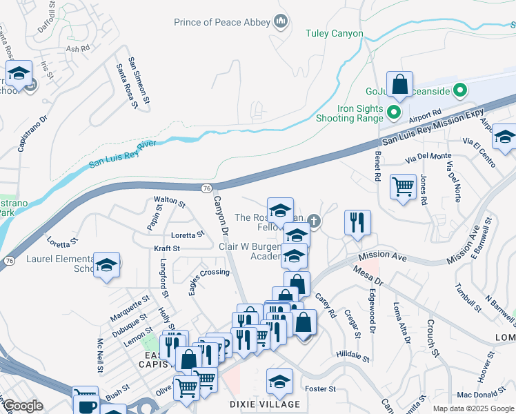 map of restaurants, bars, coffee shops, grocery stores, and more near 2070 Poplar Road in Oceanside