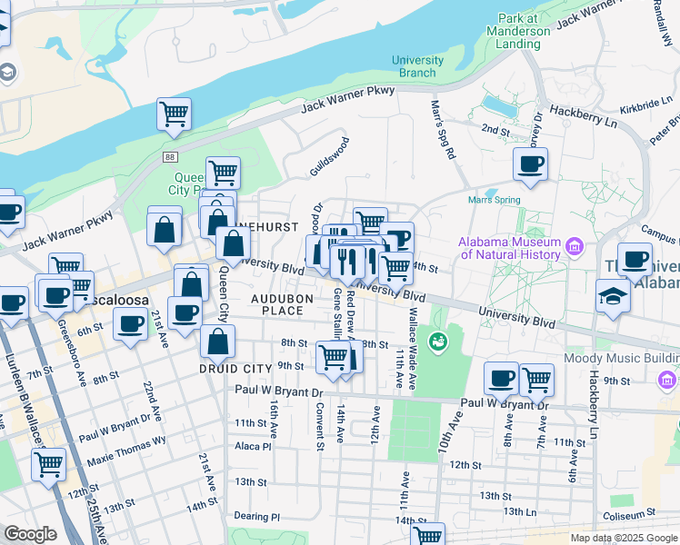 map of restaurants, bars, coffee shops, grocery stores, and more near 1400 University Boulevard in Tuscaloosa