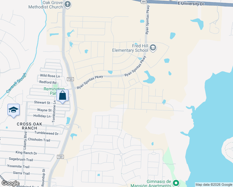 map of restaurants, bars, coffee shops, grocery stores, and more near 3931 Farm to Market Road 720 in Aubrey