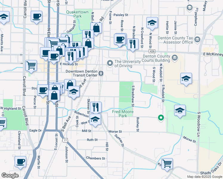 map of restaurants, bars, coffee shops, grocery stores, and more near 618 East Sycamore Street in Denton