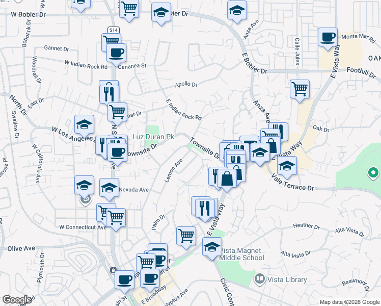 map of restaurants, bars, coffee shops, grocery stores, and more near 921 Lemon Avenue in Vista